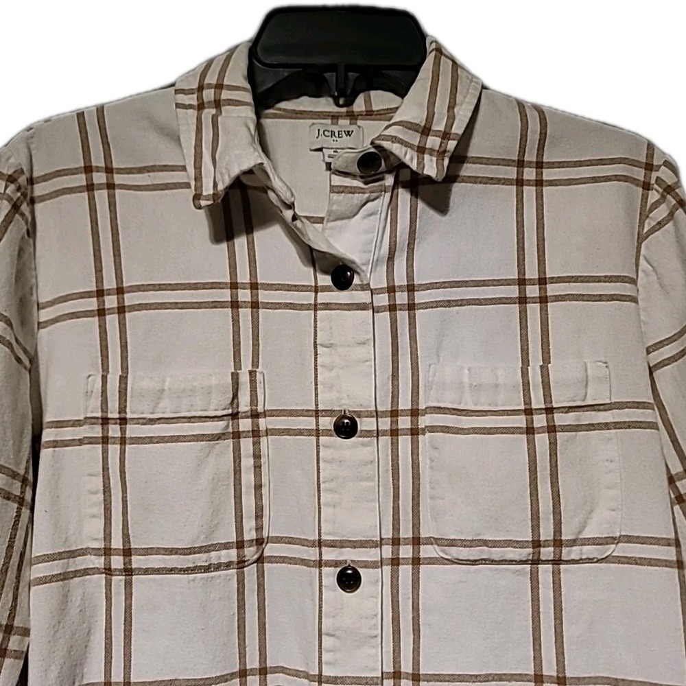 J. Crew Plaid Flannel W/ Pockets Shirt-Jacket Shacket Size Small Tan 100% Cotton - Picture 2 of 7